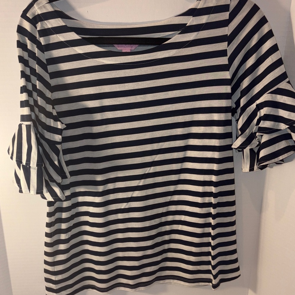 Lily Pulitzer blue & white Striped Ruffle Sleeve Top S